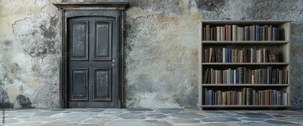 Poster a rustic interior featuring a door and a bookshelf filled with books.