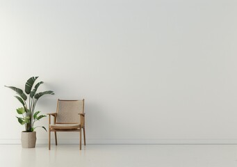 Minimalist living room interior with a wooden chair and potted plants in front of a blank white wall