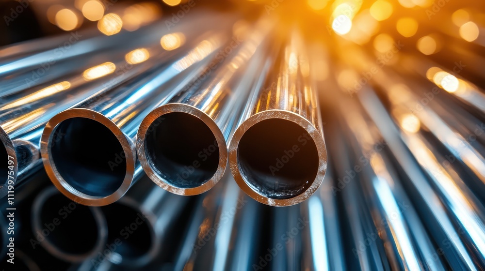 Poster detailed view of polished metal pipes at an industrial setting with light reflecting and creating a 