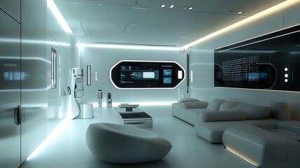 Fototapeta premium a futuristic smart home with minimalist design, featuring automated lights, simple furniture, and a central touch interface on the wall. 