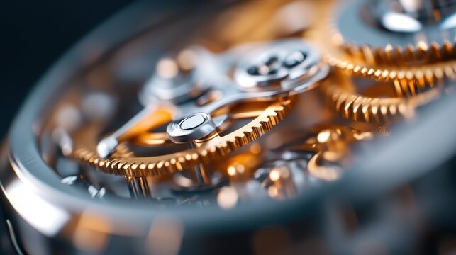 A high-resolution close-up of a contemporary watch mechanism, showcasing the intricate craftsmanship and precision of its gold and silver gears moving in unison.