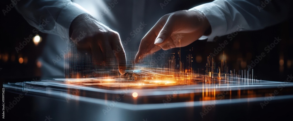 Leinwandbilder Hands interacting with a holographic interface displaying data and visualizations.
