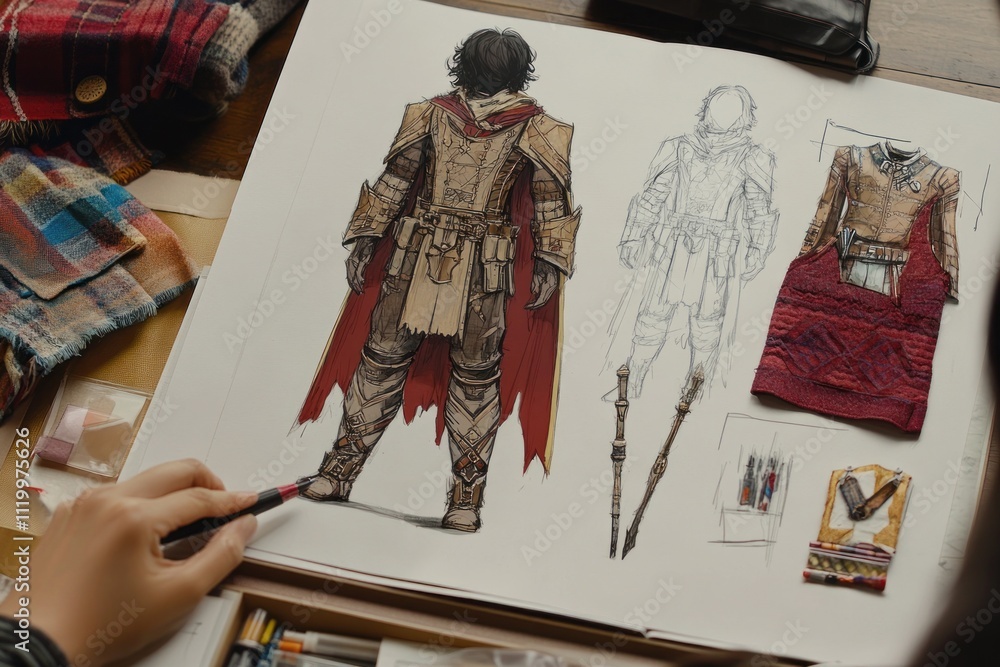 Poster A concept art sketch of a character in detailed armor with a flowing cape and design elements.
