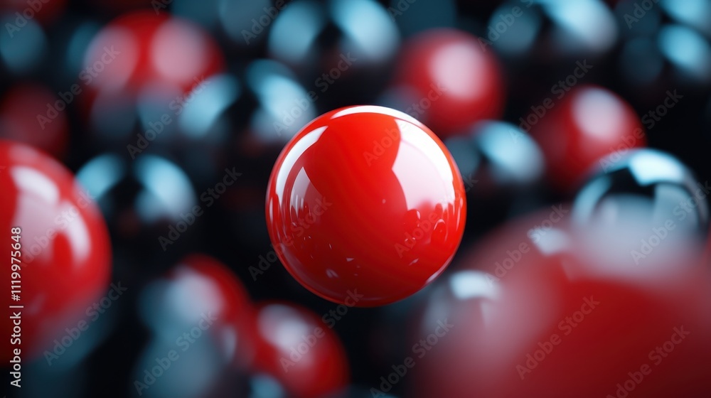 Poster a shiny red sphere effortlessly floats above a mysterious group of shadowy spheres, creating a dynam