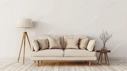 Minimalist living room interior with beige sofa. wooden floor. floor lamp and side table