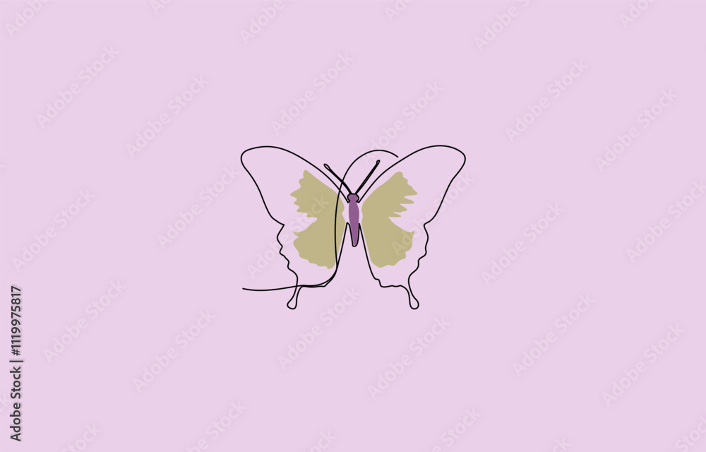 Poster butterfly continuous line color design. poem element continuous line illustration, butterfly art in 