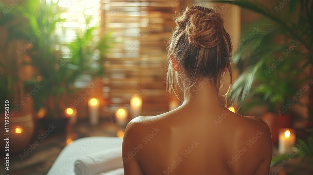 Poster a person enjoys a relaxation therapy session in a tranquil spa, surrounded by soft candlelight and l