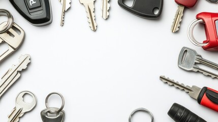 Variety of Keys and Keychains Arranged on a White Background