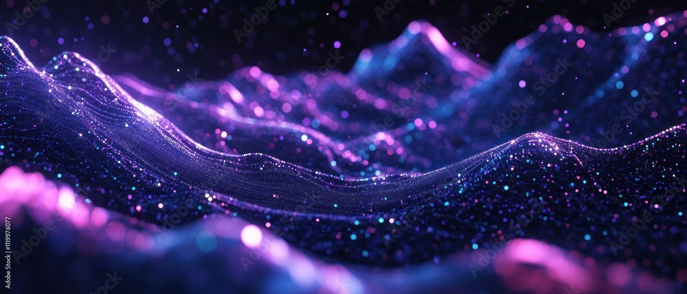 Poster A vibrant, abstract representation of glowing waves with sparkling particles.