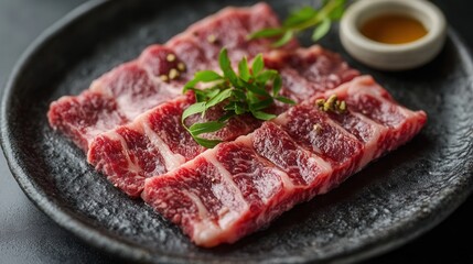 Fototapeta premium a modern, minimalist plate of wagyu beef, sliced thinly and elegantly arranged with truffle oil.