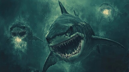 Fototapeta premium Great White Sharks Hunting In Murky Deep Ocean Waters