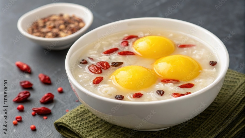 Poster a serene image of a single bowl of sweet soup with two bright yellow sticky rice balls perfectly nes