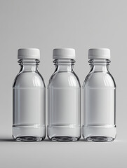 White-Coated Transparent Glass Bottles with White Caps - 3D Mockup for Cosmetics and Pharmaceutical Applications.