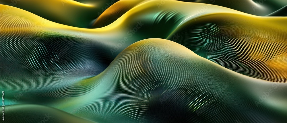 Poster Abstract waves with smooth curves and gradients in green and yellow tones.