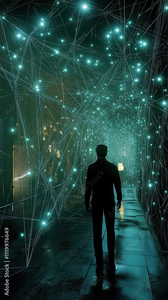 Poster man walking through illuminated network pathway