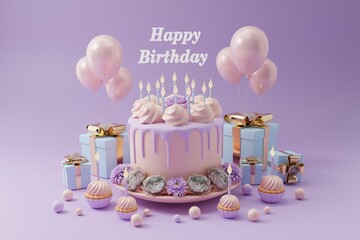 3D illustration with the inscription Happy Birthday. Festive cake with candles, gift boxes with balloons, cupcakes and flowers. 3D rendering on a lilac background.
