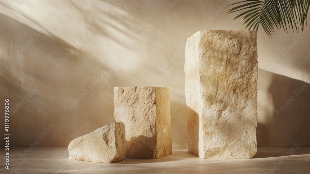 Poster a serene display of three textured stone blocks against a warm, minimalistic background.