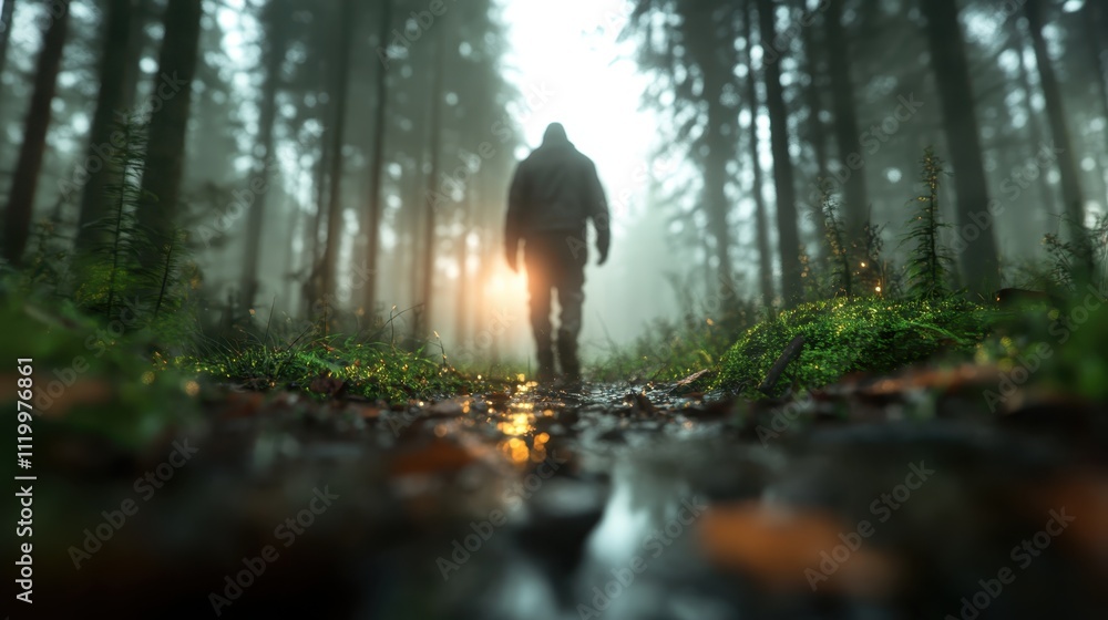Poster a mysterious figure walks through a mystical forest shrouded in morning mist, with sunlight breaking