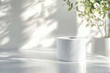 Soft roll of toilet paper on sunlit table with green leaves in the background