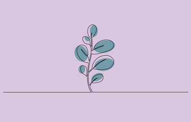Eucalyptus silver dollar & baby blue branch continuous line drawing, Botanical wall art with abstract leaves. Decorative eucalyptus foliage in one line art drawing with pastel coloring. © Domestock