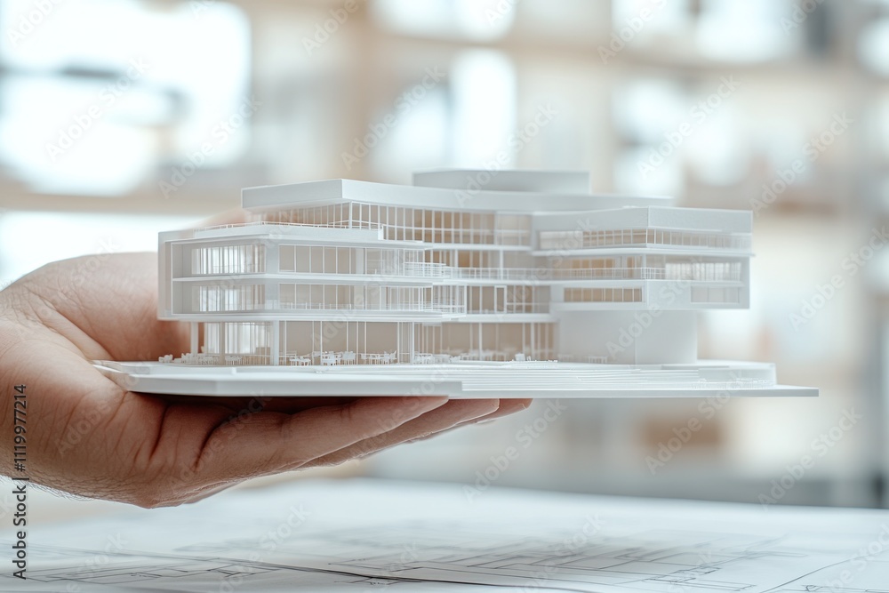 Poster a hand holds a detailed architectural model of a modern building design.