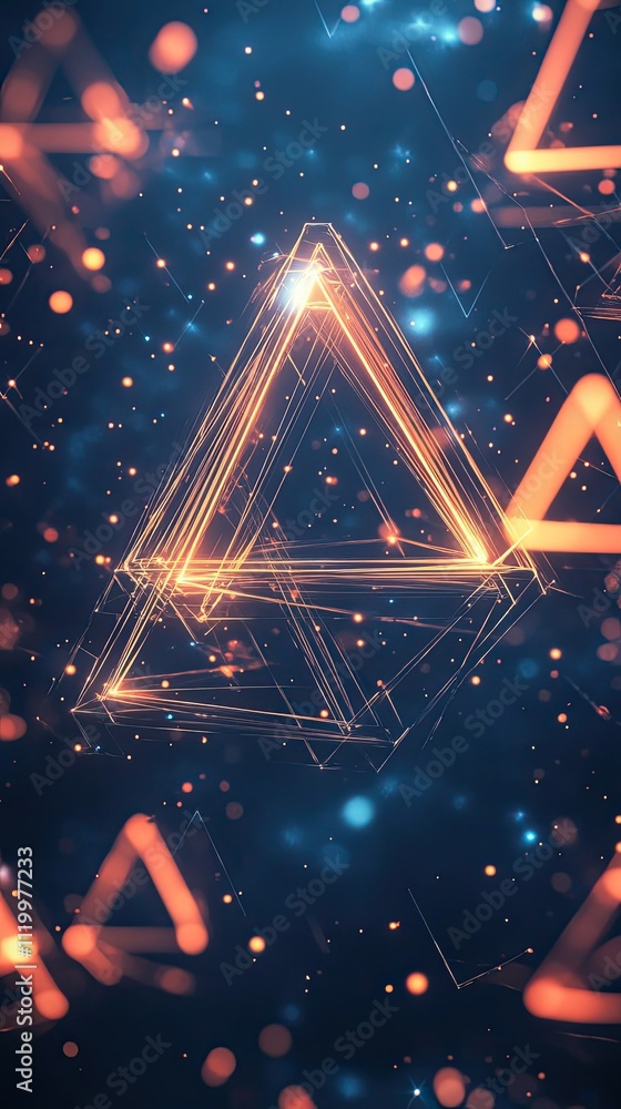 Poster glowing triangular structure with sparkling particles