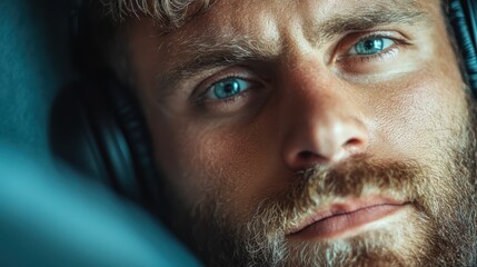 Obraz premium A detailed close-up featuring a bearded man lost in an immersive audio experience, representing a modern connection to sound and personal reflection.