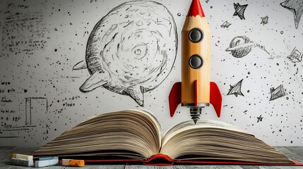 A Pencil Rocket Launching from an Open Book into a Hand-Drawn Space