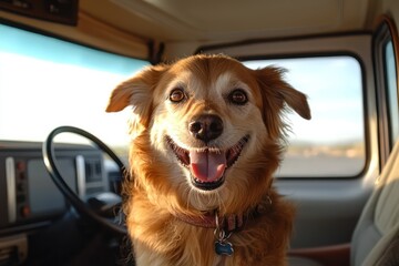 A happy dog enjoying a road trip in a recreational vehicle.