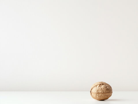 A delicate nut shell sits gracefully on a pristine white surface, perfectly harmonizing with the immaculate backdrop.