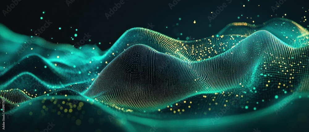 Poster abstract digital waves with glowing particles create a dynamic visual effect.