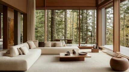 Minimalist home interior design of modern elegant living room with panoramic forest view, cream sofa, minimalist decor, and warm wood paneling