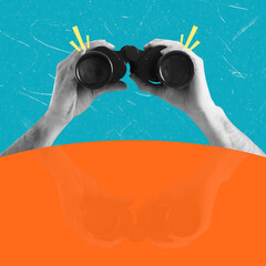 Contemporary art art collage depicting a hand with binoculars and reflection.