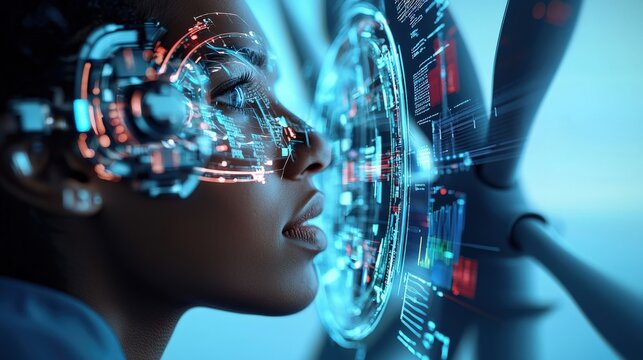 A wind turbine engineer immersed in holographic data streams detailing wind velocity and energy output