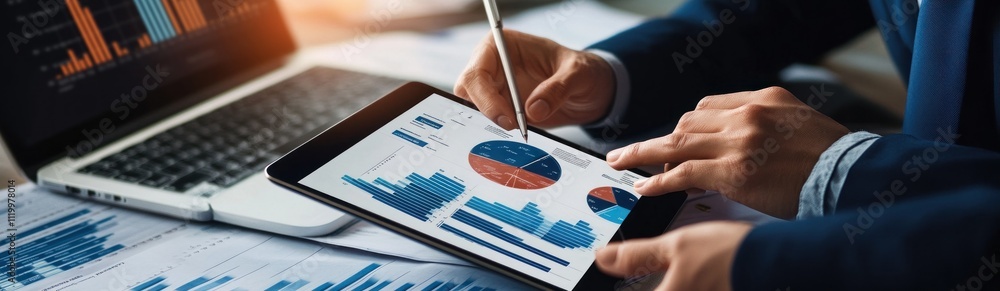 Poster A person analyzing data on a tablet, with graphs and charts displayed for business insights.
