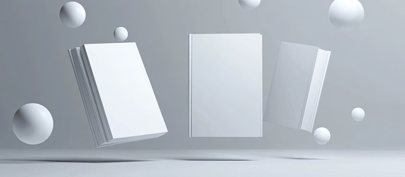 White books levitating with spheres.