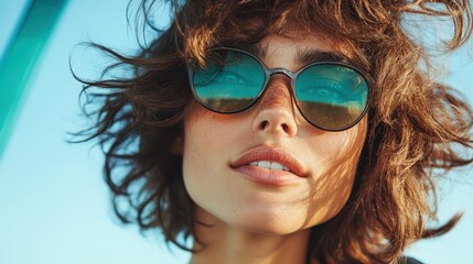 A woman portrays fashion with trendy sunglasses in a breezy setting. Her carefree expression underlines a sense of freedom and style against a clear sky background.