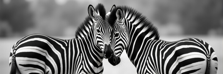 Two zebras with distinctive black and white stripes facing each other.