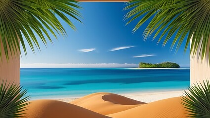 Obraz premium Serene tropical beach scene with golden sand dunes, turquoise ocean, lush palm fronds, and a distant island under a bright blue sky with wispy clouds.
