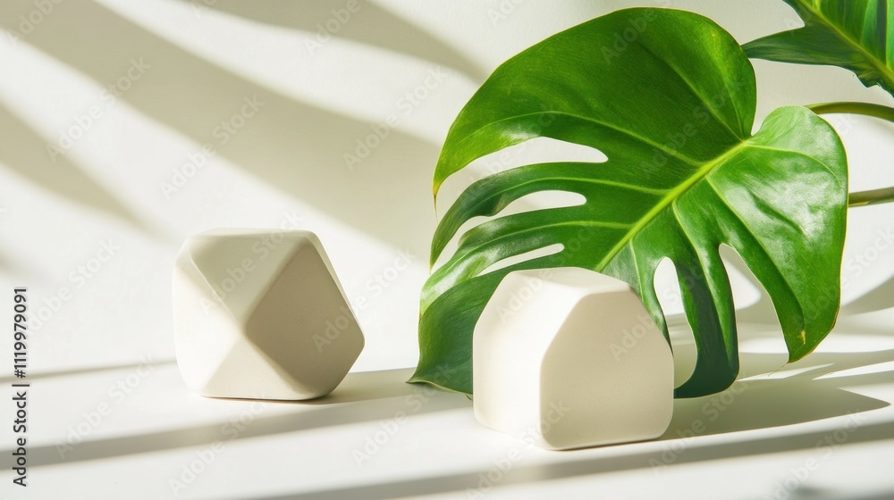 Poster two geometric white objects beside a large green leaf, casting shadows on a light surface.