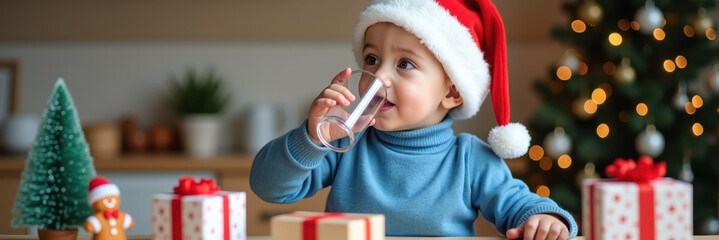 A child in Santa hat drinking water during Christmas