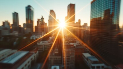 Fototapeta premium A mesmerizing golden hour scene in a bustling urban landscape with towering skyscrapers, highlighting the dramatic sunburst effect and vibrant city life.