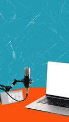 Contemporary art collage featuring laptop and microphone with copy space.