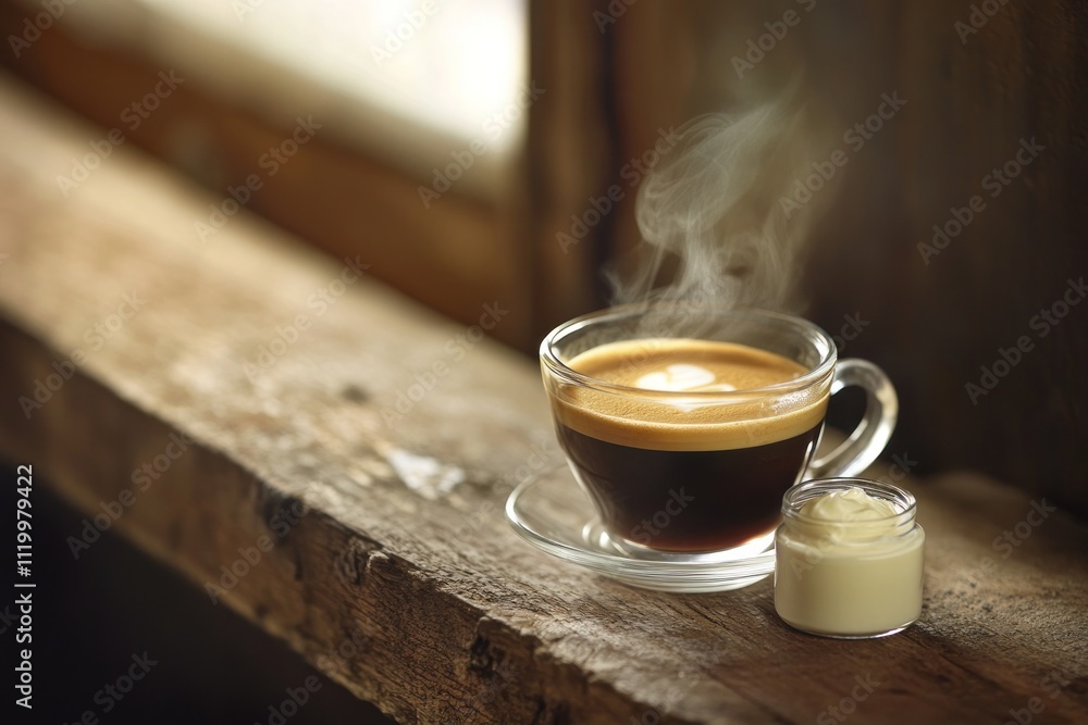 Poster a steaming cup of coffee next to a small container of cream on a rustic wooden surface.