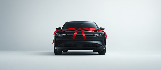 New black car with a big red ribbon bow as a gift.