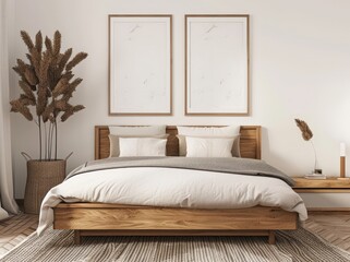 Minimalist bedroom with a wooden bed. a rug. and two framed posters on the wall