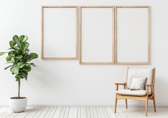 A white minimalist living room with a wooden armchair. a potted plant. and three empty picture frames