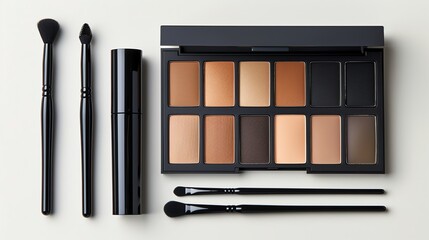 Eyeshadow palette with brushes and mascara.