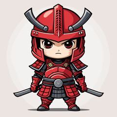 Chibi Samurai Warrior in Red Armor with Dual Swords. Cute Samurai Vector.
