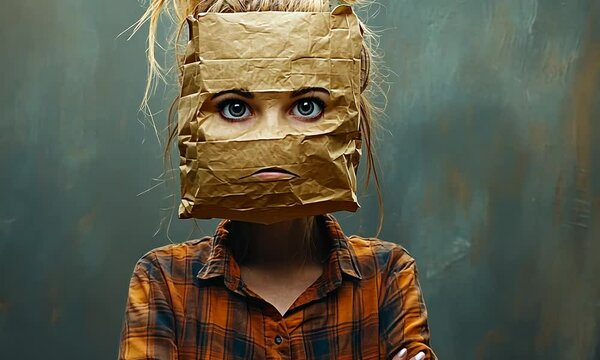 A person with a paper bag mask and plaid shirt poses with crossed arms against a textured background.